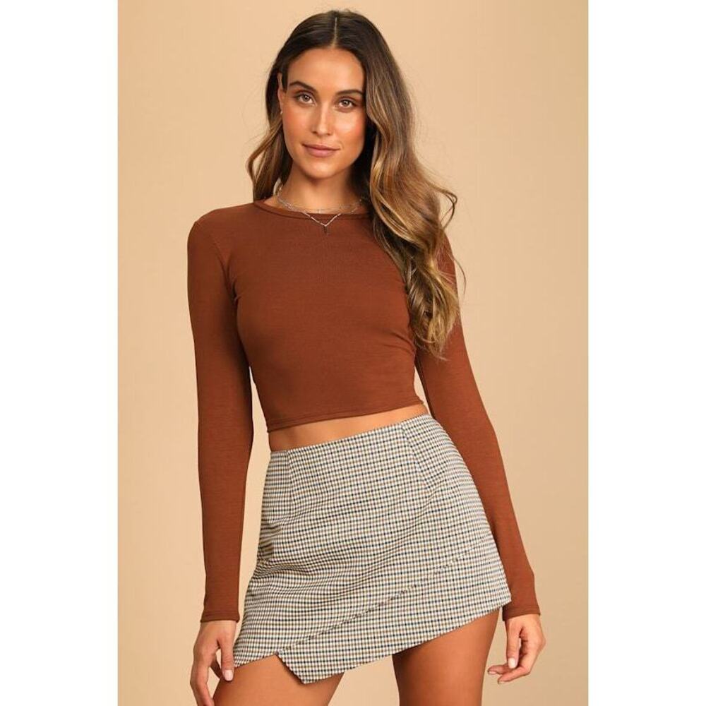 Lulus Begin With The Basics Brown Long Sleeve Crop Top - Size XS